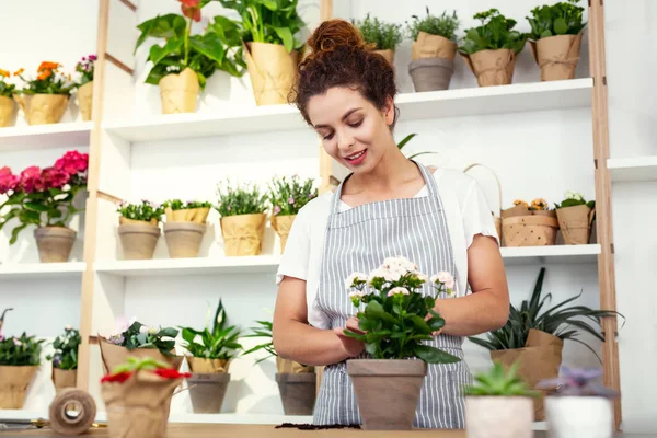 Angenehme attraktive Frau verkauft Blumen — Stockfoto