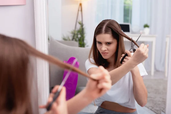 Angry teen girl changing haircut — Stock Photo, Image