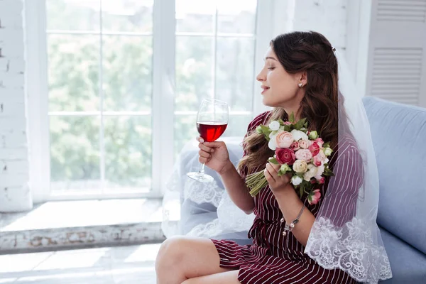 Future wife having rest while drinking wine — Stock Photo, Image