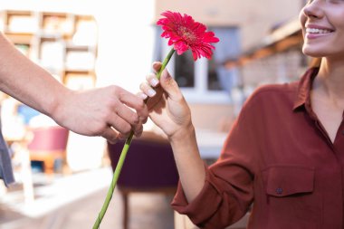 Güzel kadın güzel kırmızı çiçek alırken müteşekkir hissediyorum