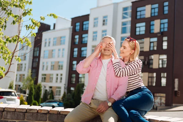 Nice joyful man having his eyes closed — Stock Photo, Image