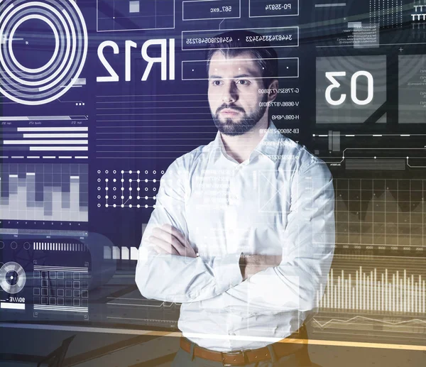 Calm man in white shirt standing in front of the screen and thinking — Stock Photo, Image