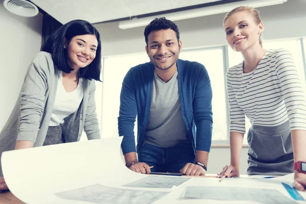 Positivo equipo encantado de diseñadores posando en la cámara —  Fotos de Stock