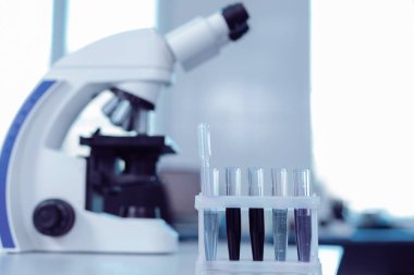 Test tüpleri rafa ayakta seçici odak
