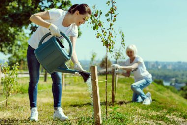Pozitif tree yakınındaki esmer ayakta memnun