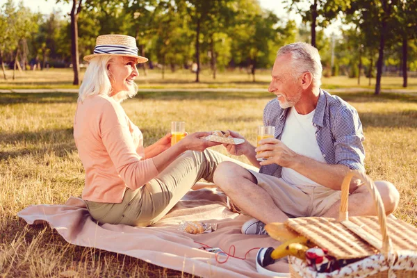 Freudiges Ehepaar lächelt beim Picknick-Date — Stockfoto