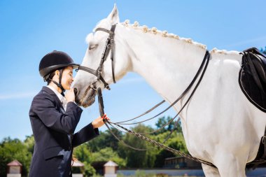 Beyaz atının büyük ölçüde sevgi dolu şefkatli kadın binici