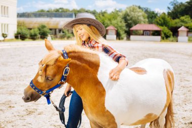 Küçük beyaz ve kahverengi midilli sarılma sevimli gülümseyen kız