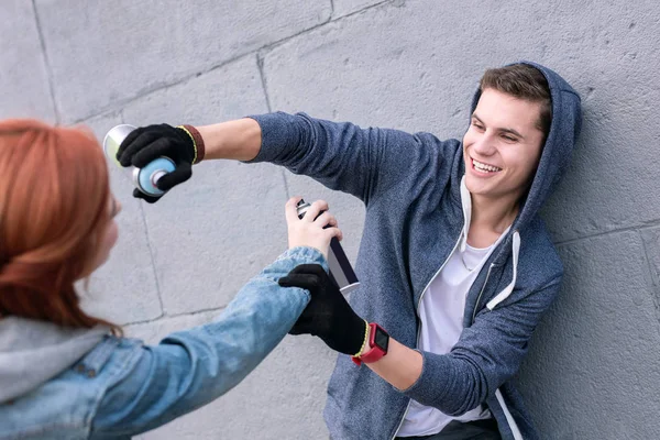 Joyful happy man playing with his girlfriend — Stock Photo, Image