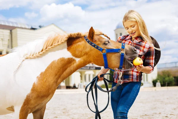 Caring cowboy girl giving little apple her cute brown pony — Stock Photo, Image