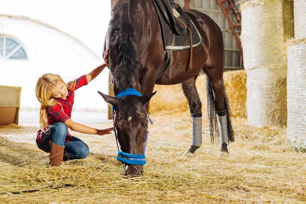 Συναισθηματική cowboy κορίτσι χάιδεμα όμορφη σκοτεινό άλογο — Φωτογραφία Αρχείου