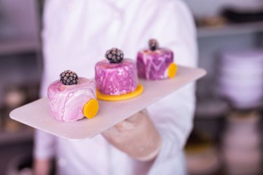 Eldiven ve kek ile plaka tutarak ceket giyen Şef