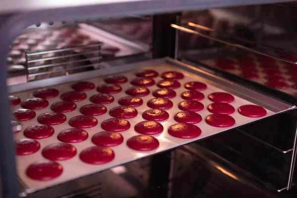 Kleine leuchtend rosa runde Kekse, die im Ofen stehen — Stockfoto