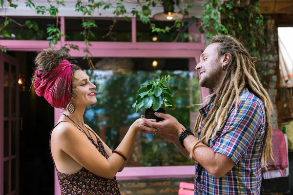 Dva milující hippies s malou zelených rostlin do jejich domova — Stock fotografie