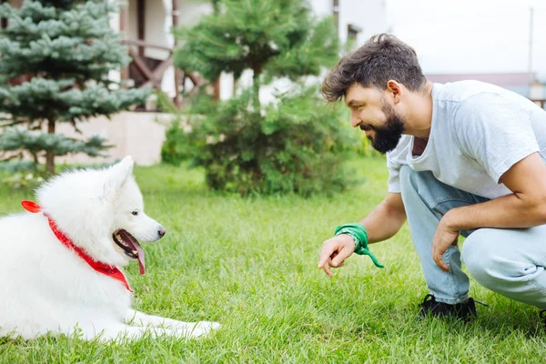 Strahlender fröhlicher Mann mit Blick auf seinen süßen Hund — Stockfoto