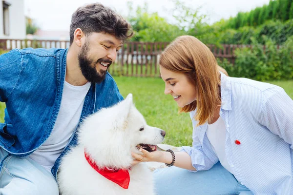 Glückliches Ehepaar verbringt Wochenende mit seinem White Husky — Stockfoto