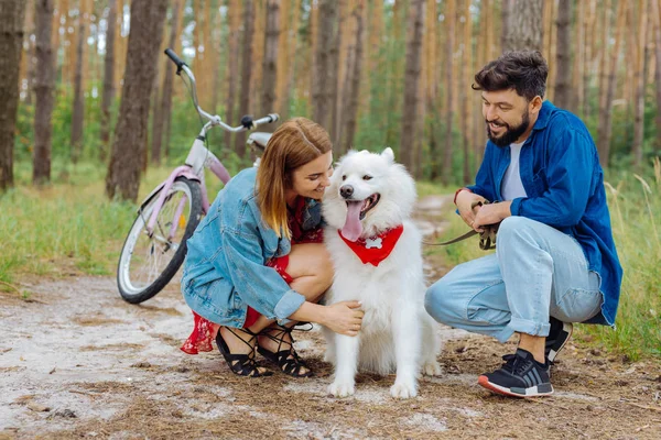 Красивая пара взволнована покупкой собственной собаки — стоковое фото
