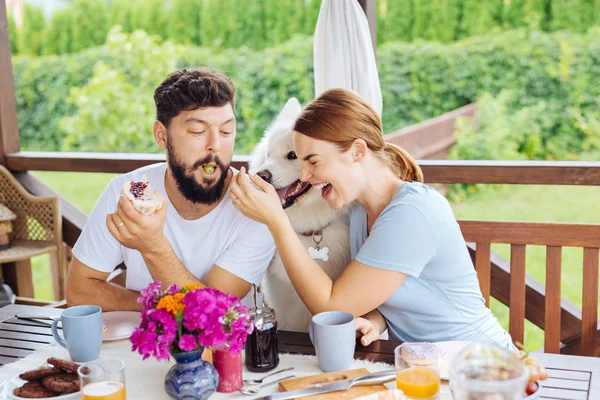 Feliz esposa riendo mientras mira al hombre con poca uva en la boca — Foto de Stock