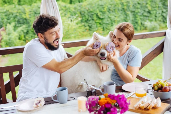 Beaming couple having funny breakfast with their white husky