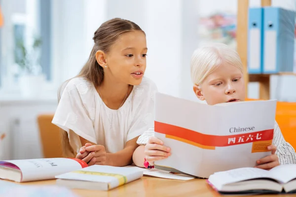 Crianças inteligentes aprendendo chinês juntas em casa — Fotografia de Stock