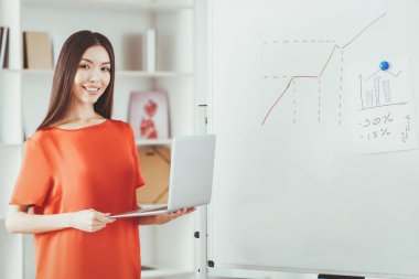 Onu laptop tutan akıllı Asyalı kadın