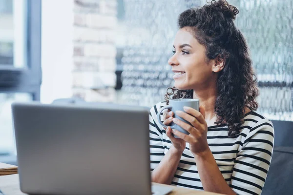 Freelancer feminino atraente fazendo intervalo — Fotografia de Stock