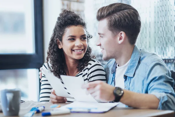 Cute two students examining samples — Stock Photo, Image