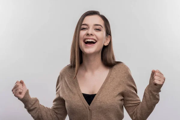 Happy beaming student feeling extremely satisfied after passing exam — Stock Photo, Image