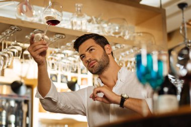 Profesyonel barmen. Yakışıklı esmer adam barda ayakta karşı bir bardak şarap ile tutarken