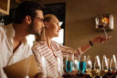 Güzel genç kadın şarap tanımlamak için çalışıyor