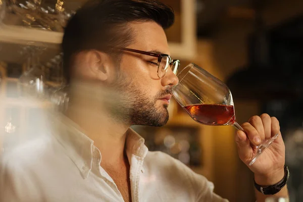 Retrato de um homem bonito e bonito que cheira a vinho — Fotografia de Stock