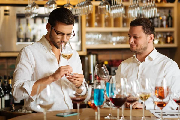 Homens simpáticos e inteligentes provando diferentes tipos de vinho juntos — Fotografia de Stock