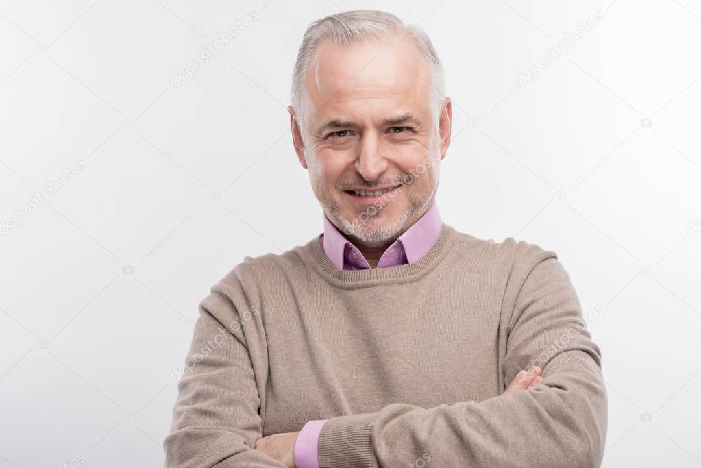 Stylish elderly professor feeling extremely excited before giving lecture