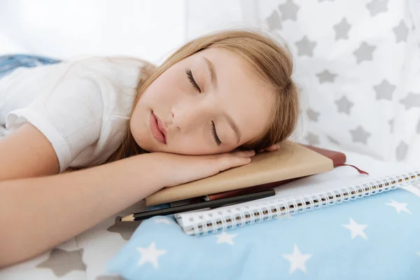 Sweet Dreams Relaxed Blonde Girl Keeping Eyes Closed Pressing Lips — Stock Photo, Image