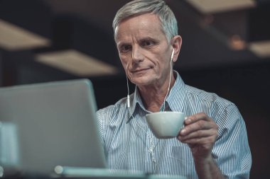 Olgun adam internette video izlerken konsantre