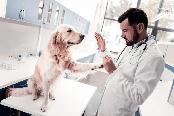 Серьезный врач осматривает своего пациента — стоковое фото