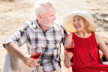 Gülümseyen ve kırmızı şarap Piknikteki zevk neşeli emekliler