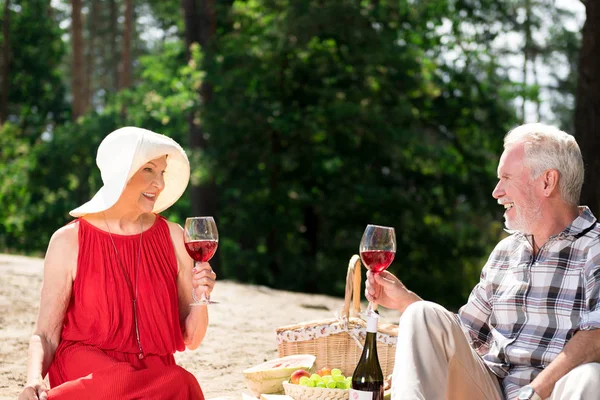 Positive pensioners having picnic and drinking red wine — Stock Photo, Image
