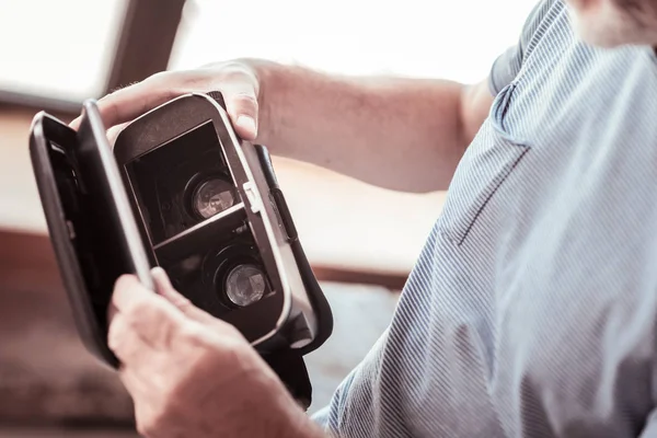 Close up of virtual glasses being kept in hands — Stock Photo, Image