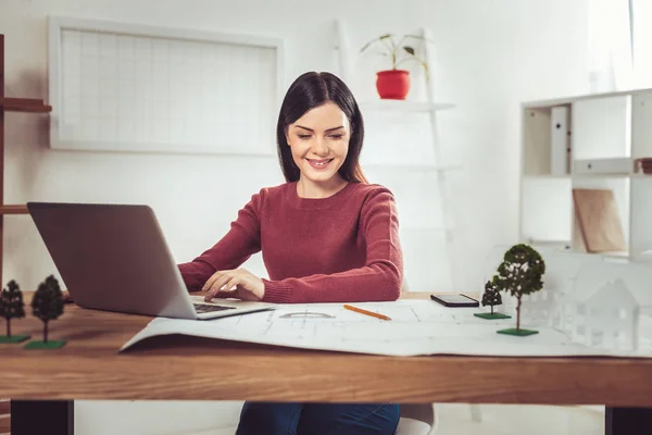 Fröhliche Brünette arbeitet am Computer — Stockfoto