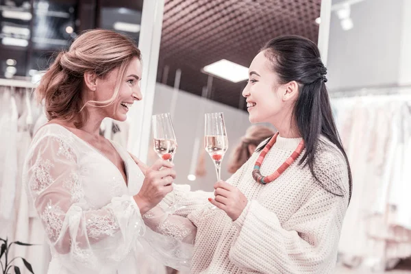 Joyful nice women talking about future wedding — Stock Photo, Image