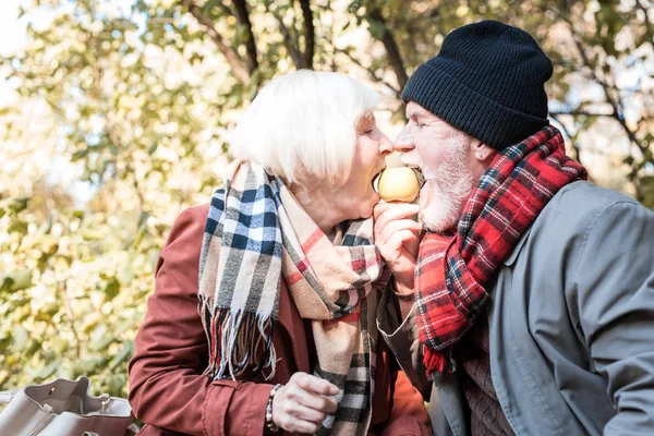 Casal idoso positivo comendo uma maçã juntos — Fotografia de Stock