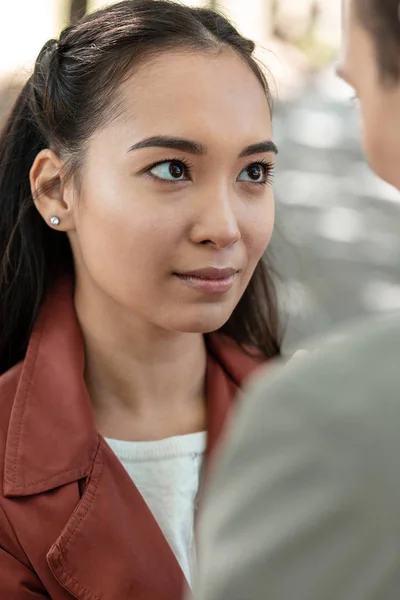 Close up of pretty woman that staring at her partner — Stock Photo, Image