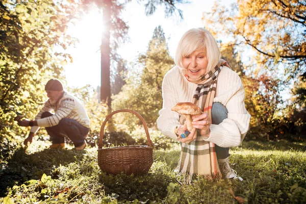 Agradável mulher encantada segurando um belo cogumelo — Fotografia de Stock