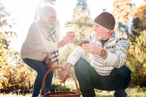 Radostnou pozitivní pár společně hledají houby — Stock fotografie