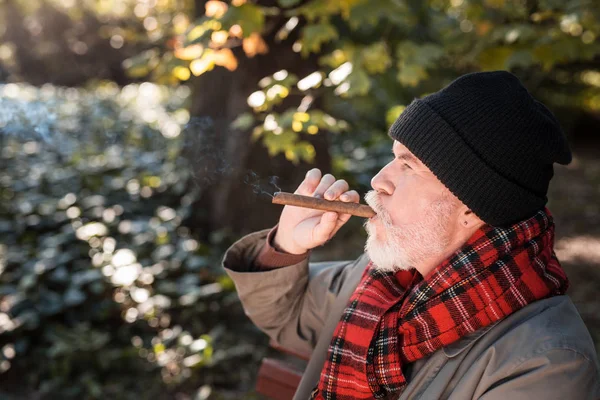 Agradable hombre barbudo fumando en el parque —  Fotos de Stock