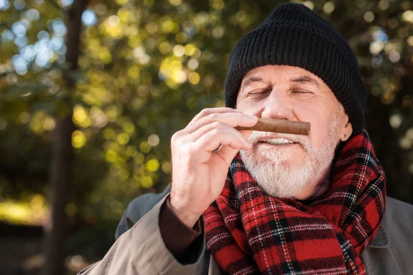 Alegre hombre agradable disfrutando del olor del cigarro — Foto de Stock