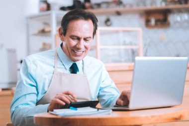 Gelirleri sayan olumlu memnun adam