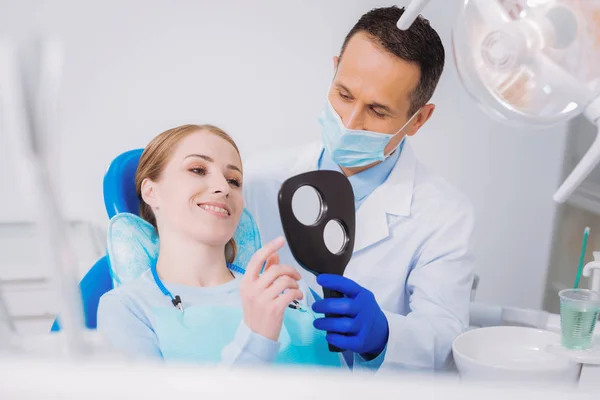 Very Nice Cheerful Calm Young Patient Professional Dental Clinic Smiling — Stock Photo, Image