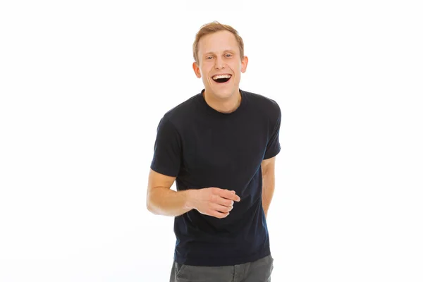 Радостный счастливый человек смеется над шуткой — стоковое фото